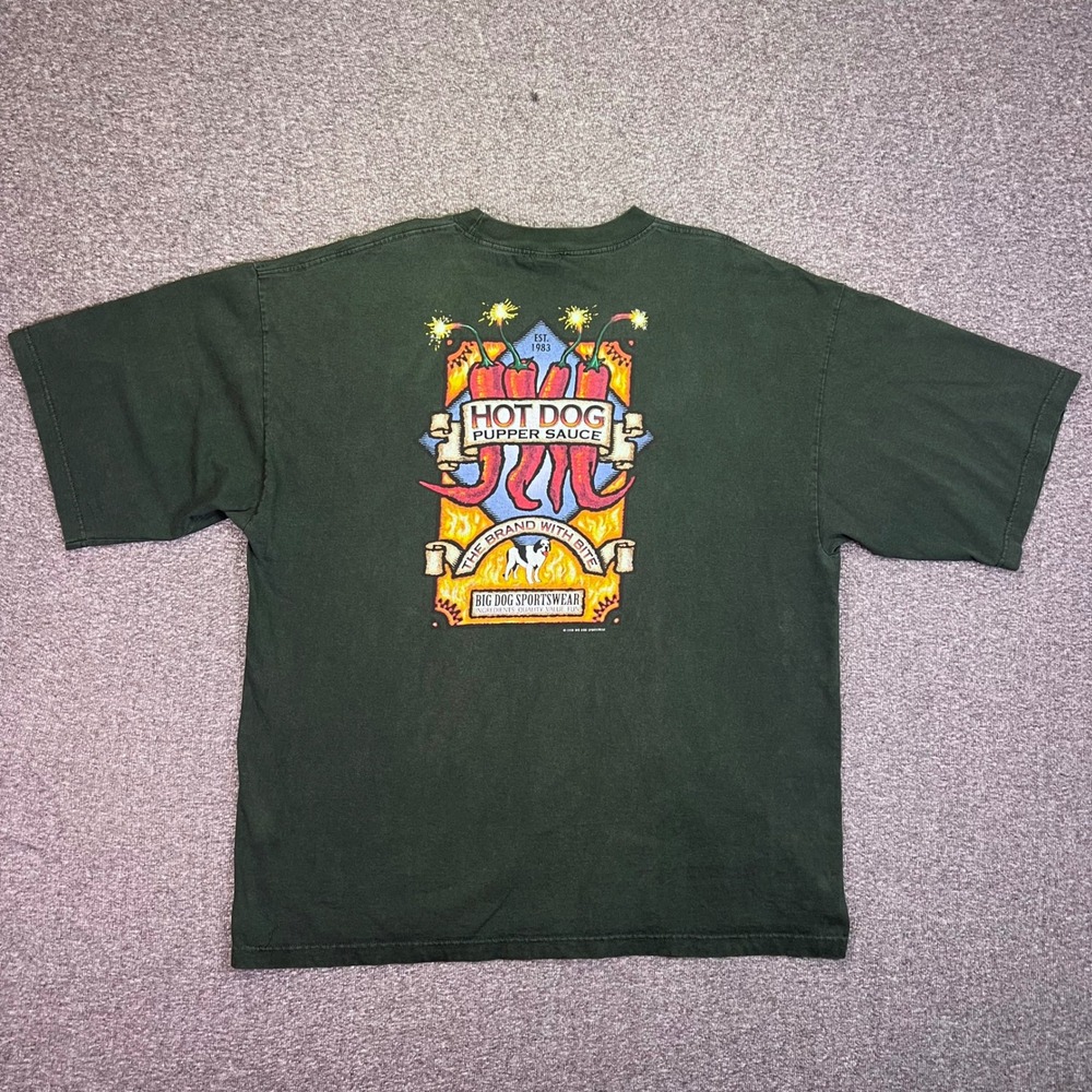 Big Dog T-Shirt Mens 3XL Green Graphic Hot Dog Pupper Sauce 1998 Vintage USA